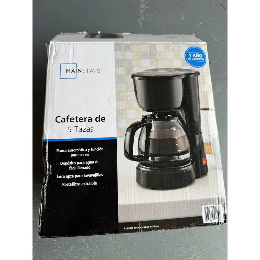 Mainstays 5-Cup Filter Coffee Maker Black w/ Coffee Pot, Pause-and-Serve